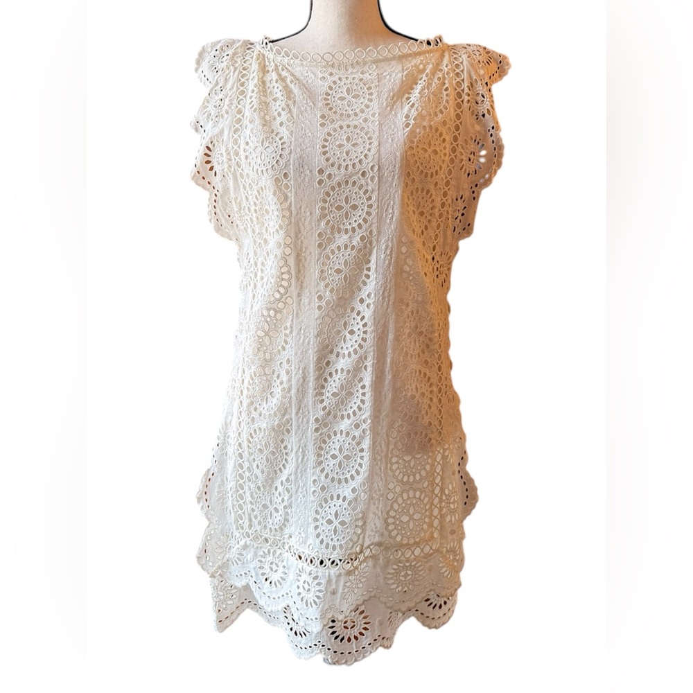 Zimmermann Ivory Eyelet Mini Dress Bateau Neck Scalloped Lace Size 1 (S) - Picture 4 of 14